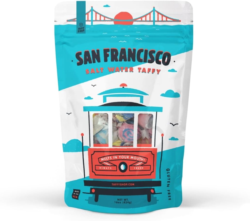 Taffy Shop San Francisco Salt Water Taffy - Gourmet Soft Chewy Candy, Variety Pack, Bulk Sweet Snack, Fresh Gift & Gluten-Free, 30 Individually Wrapped Pieces (7oz)