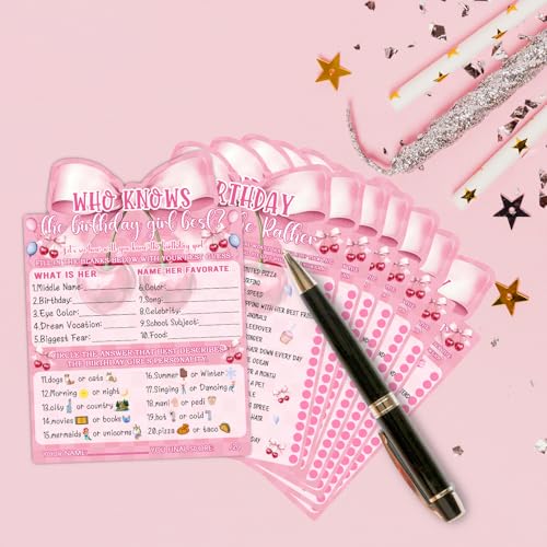 Image of Pink Bow Cherry Themed Girl's Sleepover Party Supplies - Girl's Birthday Night Game Ideas - Who Knows The Birthday Girl Best 20 Pieces
