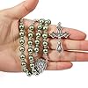 Nazareth Store Green Pearl Beads Rosary Beaded Necklace with Miraculous Medal Cross Crucifix Silver Tone Rosaries in Velvet Bag #3