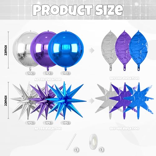Image of 6pcs 22 inch Blue Silver Purple Star Balloons and 4D Large Foil Balloons, Blue Purple Star Balloon Silver 4D Foil Aluminum Balloon For Birthday Baby Shower Mermaid Theme Party Wedding Decor