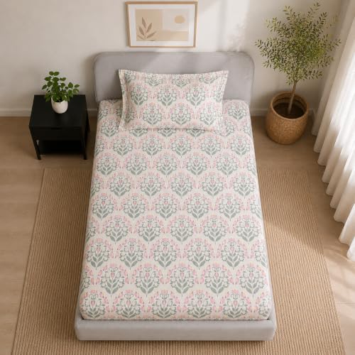 Image of Linen Home Cotton Percale Fitted Bedsheet Set Single Size Sequence Pink
