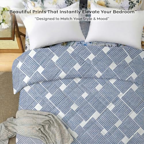 Image of AYKA Reversible AC Comforter 150 GSM Microfiber Summer Blanket Double Bed (90x100 Inches) | Checked Design Cooling Quilt for AC Room | Soft Breathable Duvet Medblue & White
