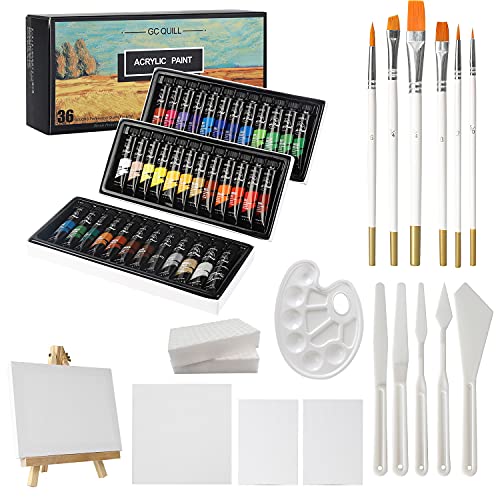 36 tubes de peinture acrylique 12 ml avec pinceaux, palette, couteaux, toile, chevalet - pour peinture sur bois, céramique, tissu, travaux manuels GC-APK36 - Image 3