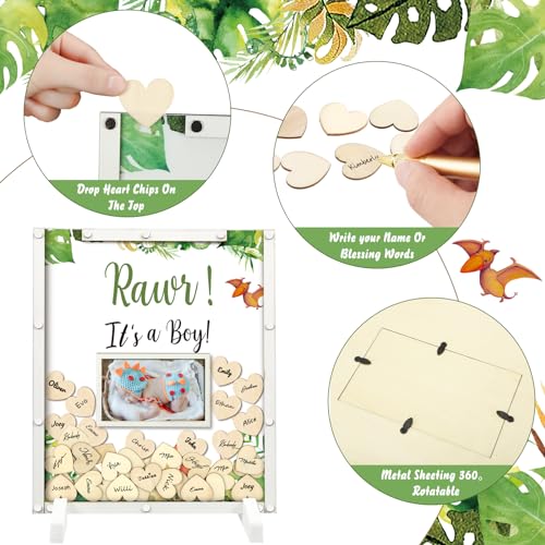 Image of Beeveer 65 Pcs Dinosaur Baby Shower Guest Book Alternatives Baby Shower Sign in Guest Book Decoration with 1 Photo Frame 60 Heart Wood Slices for 60 Guests Sonogram Frame Keepsake for BabyShower