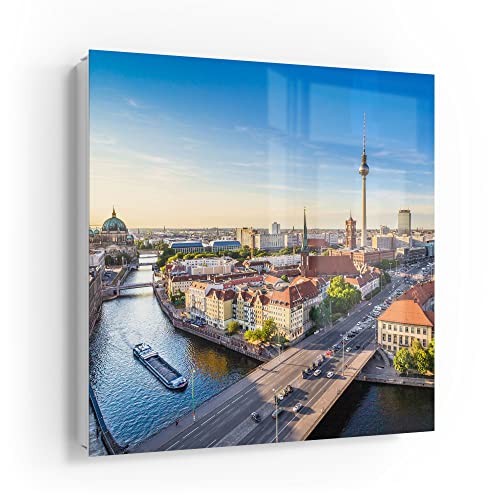 DEQORI Schlüsselkasten weiß | 30x30 cm | Motiv Berlin aus der Luft | Glas & Metall Schlüssel-Box | Schlüsselschrank mit 50 Haken + 2 Magnete | Moderne Design Box magnetisch & beschreibbar