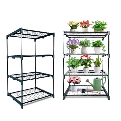 GreenGiggle 2 Pack Plant Stand Indoor Plant Shelf Outdoor 4 Tier Metal Greenhouse Shelves for Multiple Plant Pot Holder Waterproof Greenhouse Shelving for Living Room Patio Home Decor for Gardening