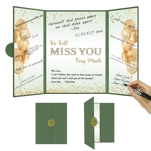 Image of DARUNAXY Green Gold Farewell Party Decorations for Women, We Will Miss You Very Much Alternative Signature Guest Book Girls Going Away Gifts Signing Card Board for Retirement Graduation Party Supplies