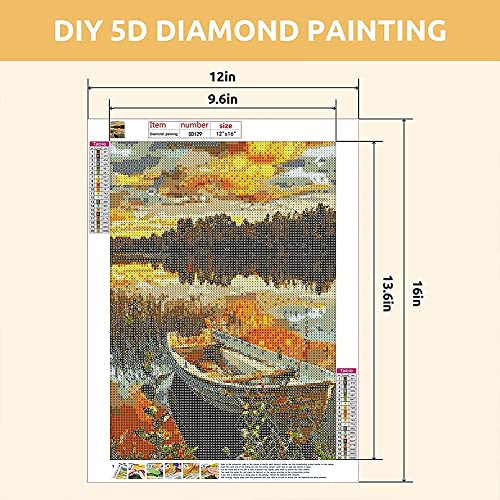 KASTWAVE DIY 5D Diamond Painting by Number Kit for Adults, Full Round Drill Crystal Rhinestone Embroidery Pictures Cross Stitch Arts Paint Craft for Home Wall Decor Sunset Scenery Boat, 12 x 16 inch