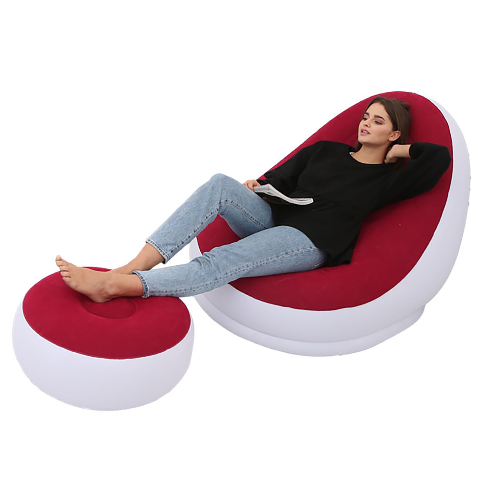 Chaise Gonflable Gonflable, Chaise Longue Gonflable avec Pouf pour Le Camping, Les Jeux, la Pause déjeuner, la fête dans Le Jardin, Profitez d'un Bain de Soleil (Rouge)