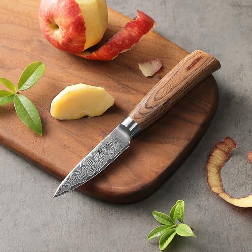 Foto von Wakoli EDIB Pro Messer - Damastmesser-Set (3-teilig) Küchenmesser aus 67 Lagen Damaststahl mit VG10-Kern - Pakkaholzgriff - Scharfe Messer für Fleisch, Fisch & Gemüse - Küchenmesser Set in Holzbox