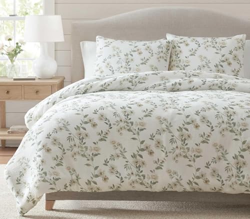 Image of Martha Stewart - King Comforter Set, Soft Cotton with Crisp & Tailored Naturally Smooth Cotton Percale Reverse, 3 Piece Bed Set with Matching Pillowcases (Hazel Floral Beige)