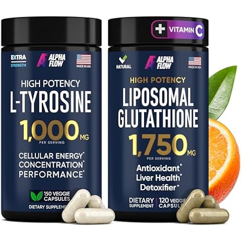 (Bundle) L Tyrosine 1000mg & Liposomal Glutathione 1750mg - All-Natural Focus, Energy, and Liver Support - Non-GMO, Gluten-Free, Vegan - 270 Capsules Total Cover