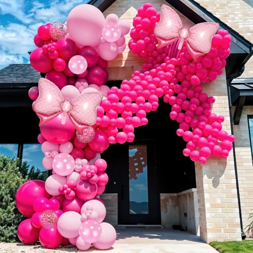 Image of Pink Bow Balloons, 62Pcs 12Inch Hot Pink Bow Foil Balloons Set, Polka Dot and Confetti Latex Balloon for Girls Women Birthdays Baby Shower Bridal Bachelorette Cartoon Theme Valentine Party Decoration