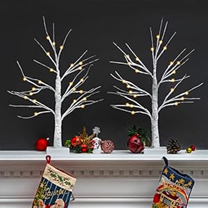 Set of 2- Valentines Day Decor, Pre-lit White Birch Tree Lights, Tabletop Tree 24 LED Warm White Lights Battery & USB…
