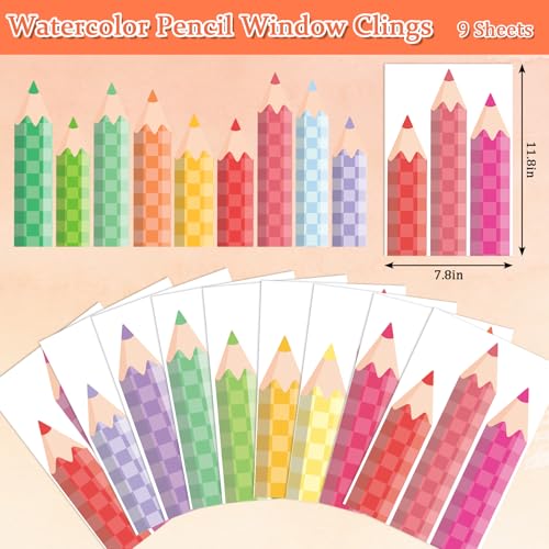 Image of Whaline 9 Sheets Pastel Checkerboard Pencil Window Clings Watercolor Pencil Window Decal Reusable Anti-Collision Windows Decor for Back to School Classroom Nursery Decor