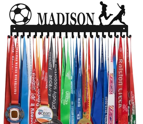 Image of Personalized Medal Holder with Name Display Rack for Awards Ribbons - Metal Custom Sports Race Plaques Hanger for Wall Mount Hold Up 63 Medal Hanger Display for Athlete Boy Girl Kid