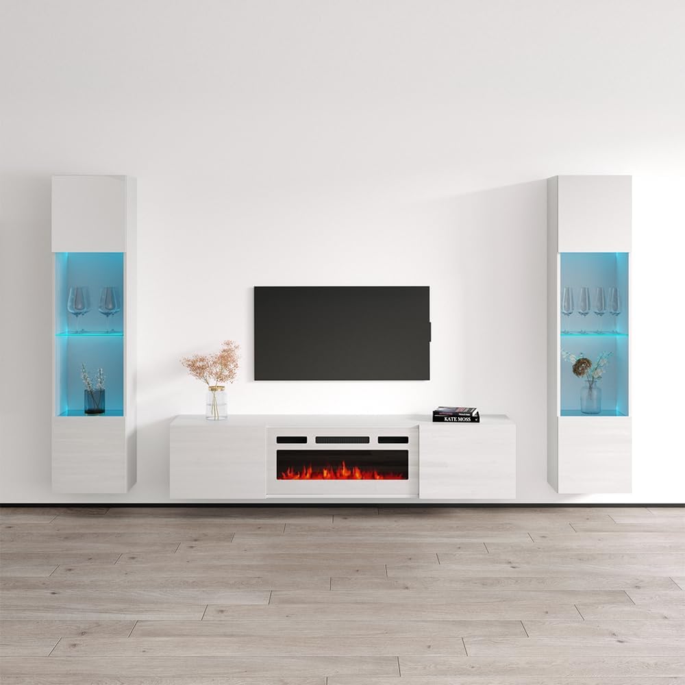 Meble Furniture Cali WH-EF 40'' Electric Fireplace TV Stand — Floating Entertainment Center with Multicolor Flame Options — Modern Storage Console, 40 x 15 x 24 in — White