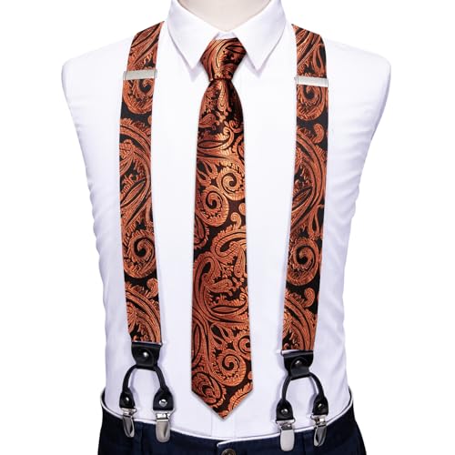 Image of Barry.Wang Men Suspender Set with Necktie Elastic Y Type Heavy Duty 6 Clips Braces Tie Handkerchief Cufflink Pin 6PCS