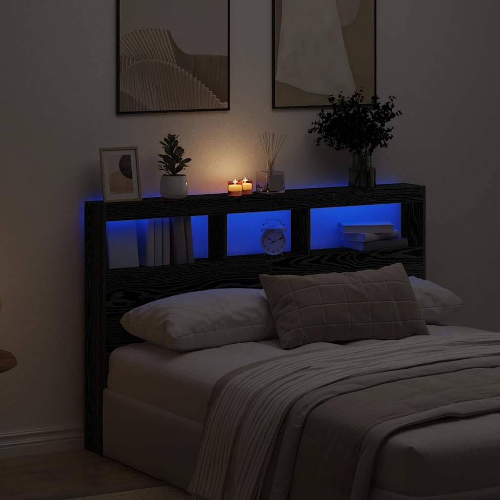 vidaXL LED-Kopfteil mit Ablagen Schwarz Eichen-Optik 160x17x102 cm, Kopfteil-Regal, Bettkopfteil mit Ablagen, Bett-Rückwand, Bettkopfteil