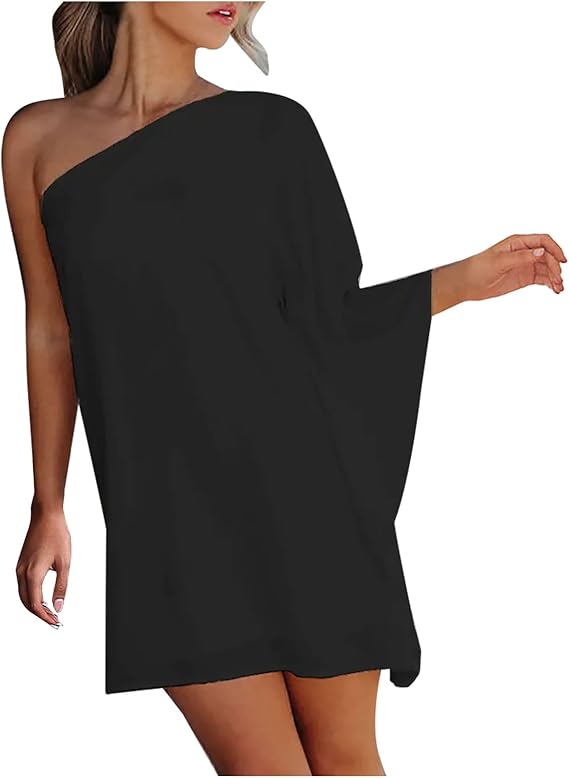 AMhomely Summer Dresses for Women - Women’s Sexy One Shoulder Mini Dress Loose Batwing Sleeve Short Dress Casual T Shirt Dress Baggy Loose Midi Dress Summer Shift Dress Sale Short Flowy Swing Dress