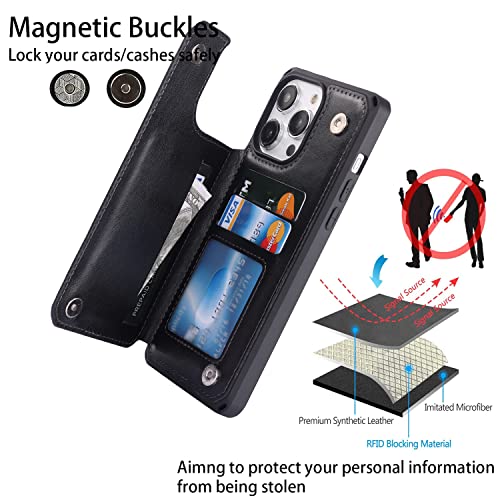 Image of Cavor for iPhone 14 Pro Case with Card Holder,for iPhone 14 Pro Wallet Case for Women Men,Phone Case for iPhone 14 pro with Stand Credit Card Holder, Leather Strap Shockproof Cover- Black