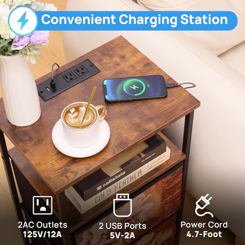 Image of ALBAD Nightstand with Charging Station and LED Lights, Brown Flower Drawers