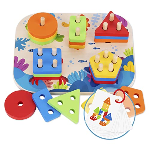 Image of Toddlers Montessori Wooden Educational Learning Toys for Baby Boys Girls Age 2 3 4 Year Old, Shape Sorter Puzzles Toys Gifts for Kids 2-4, Color Preschool Sorting and Stacking Blocks for Children