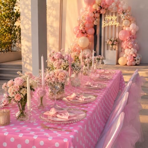 Image of Blue Orchards Pink Polka Dots Table Cover (Pack of 3 with 20 Glue dots) - 54 inchx108 inch XL - Pink and White Dots Plastic Tablecloth, Girl Decoration, Baby Shower, Cartoon Themed Birthday Party Supplies