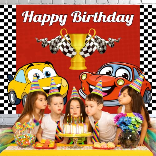 Image of Car Theme Happy Birthday Backdrop 4x3 Ft for Kids Party Decoration, Birthday Banner Background Curtain for Boys & Girls, Cake Table Decor, Photography Background Cloth