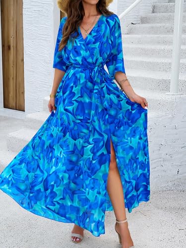 Image of UEAL Half Sleeve Summer Beach Wedding Guest Maxi Dresses for Women 2025 Medium Blue Floral