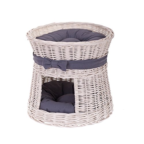 e-wicker24 Panier en Osier Blanc Igloo pour Chat lit Double Maison intérieure pour Chat avec lit sur Le Dessus Grotte Confortable canapé pour Chat Panier avec Coussin Doux en Osier Solide