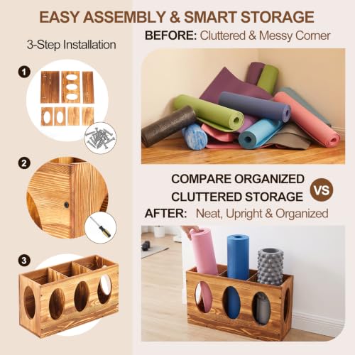 Image of Sintuff Vintage Wood Yoga Mat Holder Storage Organizer Floor Standing Foam Roller Holder Rack for Home Yoga Mats Gym Sports Exercise Accessories Dumbbell Resistance Bands