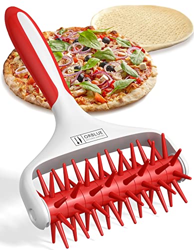 1 👉 Orblue Pizza Dough Docker, Pastry Roller with Spikes, Pizza Docking Tool for Home & Commercial Kitchen - Pizza Making Accessories that Prevent Dough from Blistering, Red