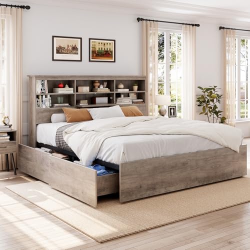 GarveeHome Storage Wooden Bed Frame King Size with Bookcase Headboard