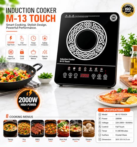 Image of M-13 Touch Induction Cooktop, 2000W, Full Touch Control, 8 Cooking Menus, Timer Function, Crystal Glass Surface