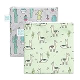 Bumkins Reusable Sandwich and Snack Bags, for Kids School Lunch and for Adults Portion, Washable Fabric, Waterproof Cloth Zip Bag, Travel Pouch, Food-Safe, Large 2-pk Cactus and Llama
