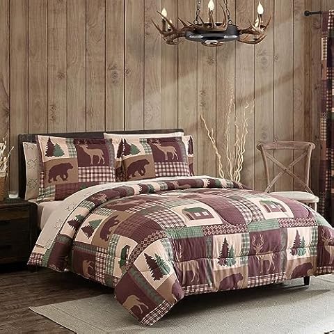 Beatrice Home Fashions Cozy Cabin 7-Piece Queen Comforter Microfiber Bed-in-A-Bag Bedding and Sheet Set with Deep Pockets Rustic Patchwork Plaid Deer, Brown Tan Green Cover