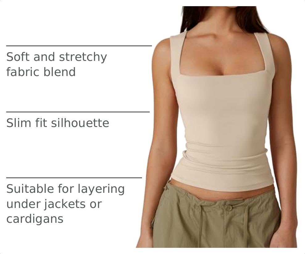 Image of QINSEN Women's Square Neck Sleeveless Double-Layer Tank Tops Basic Tight T Shirts