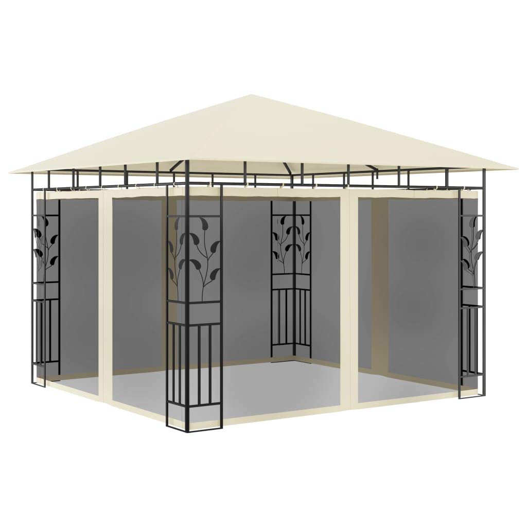 Pavillon Gartenpavillon Partyzelt Sonnenschutz Bierzelt Gartenlaube mit Moskitonetz & LED-Lichterkette 3x3x2,73m Cremeweiß