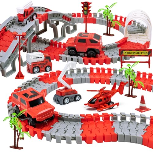 Lixiin 305PCS Piezas Car Racing Track 6 Camión de Bomberos Toy Autopista de 3 4 5 6 Años Pista de Coches para niños Games Electric Car para Niños Regalo (Rojo)