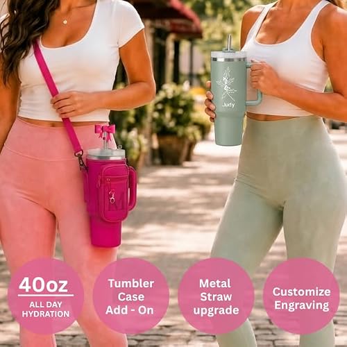 Personalized Tumbler 40 oz with Custom Name and Birth Flower, 6 Colors, Handle and Straw. Add a Custom Tumbler Carrying Holder with Adjustable Strap, Straw Bow Topper, Gift for Teen Girls. - Image 5