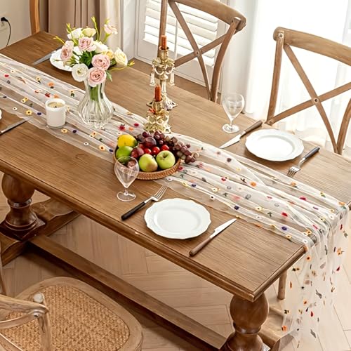 Table Runner Embroidery Daisy 30 x 275cm, Sheer Chiffon Florals Table Runner, Tulle Wedding Tables Decoration for Baby Bridal Shower Birthday Sunmmer Kitchen Dining Home Party Indoor - Image 5