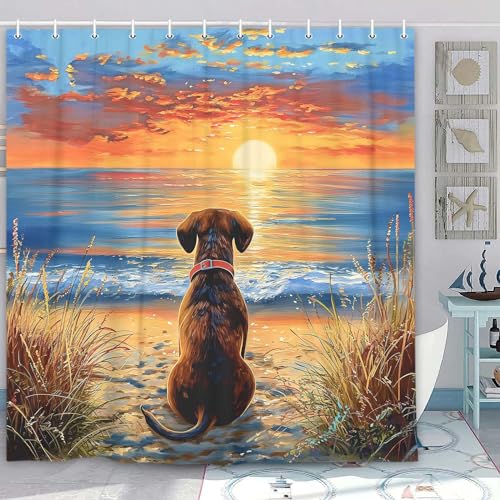 Image of Funny Dog Shower Curtain, Hilarious Dog on Sunset Sunrise Beach Seascape Art Shower Curtain Set, Nautical Ocean Bath Accessories Coastal Seaside Bathroom Decor with 12PCS Hooks, 70X70IN