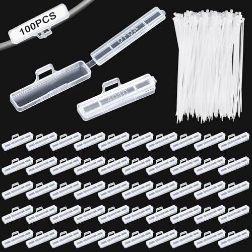Niuny Kabelbeschriftung Clip Kabel Beschriftung Clip 100Stk Kabeletiketten Kabelmarker Kabelmarkierung Weiß Wasserfest mit Kabelbinder für Kennzeichnung und Sortierung von Kabeln Aller Art