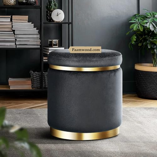 Image of Paamwood Velvet Sitting Stool - Luxurious Ottoman Footrest for Bedroom & Living Room, Wooden Sofa Side Stool, Makeup Chair, Pouf for Home & Office Decoration (Black of 6)