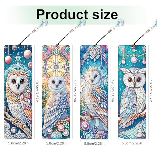 Image of 4-Piece DIY 5D Diamond Painting Bookmark Kits, Owl Special Shaped Crystal Rhinestones Book Marks, Handmade Diamond Art Bookmarks with Crystal Pendant Tassels, Decorative Craft Gift Set for Adults