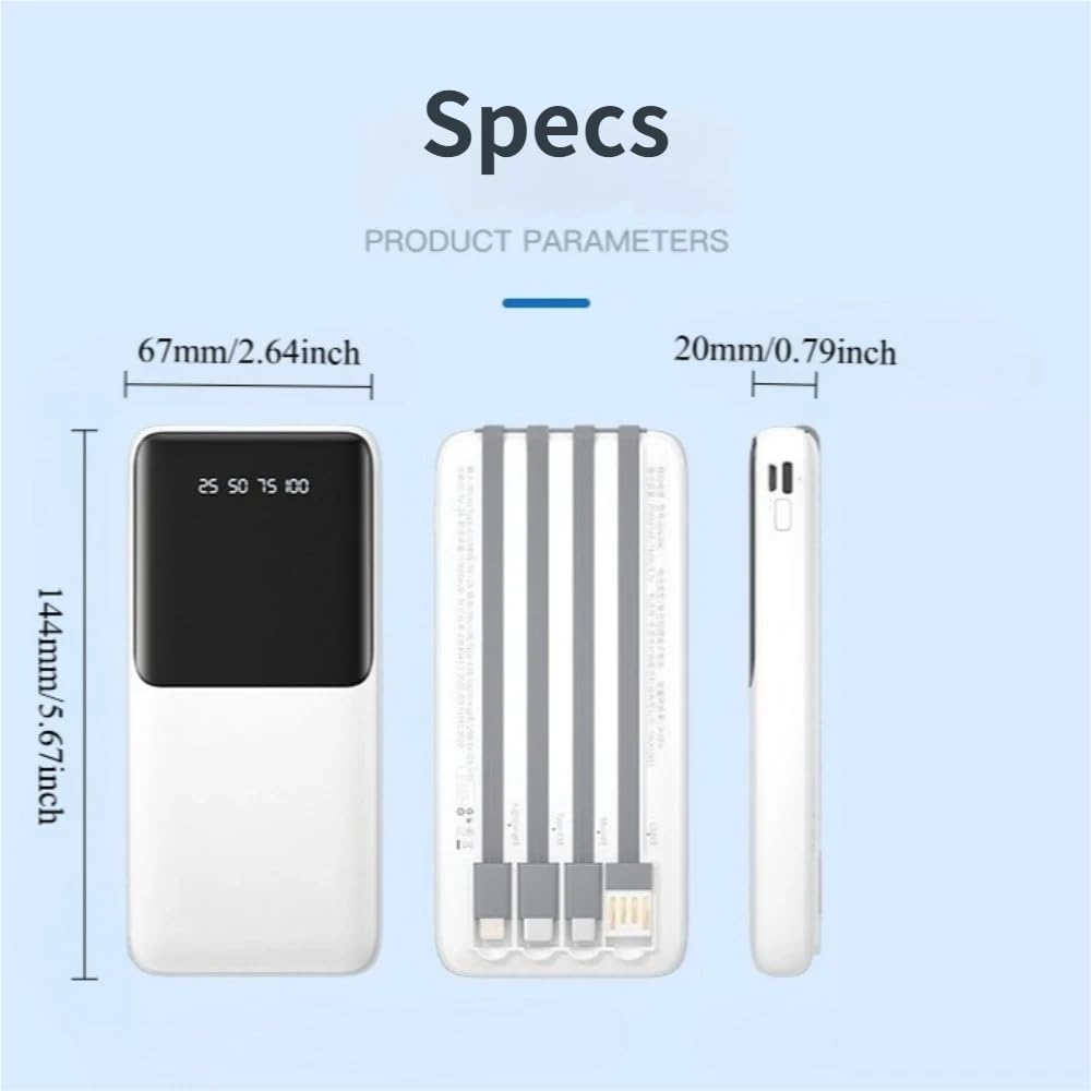 Banco de energía portátil de 10000 mAh, blanco, con cable de carga desmontable 4 en 1 integrado, pantalla de batería LED