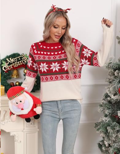 Image of Women's Fair Isle Sweater Crew Neck Long Sleeve Heart Sweater Vintage Tops