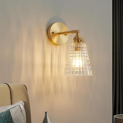 Miniatura 6 de Vintage Brass Adjustable Wall Light Modern Plaid Glass Shade E26E27 Base Sconce for Bedroom Living Room Lighting Fixture