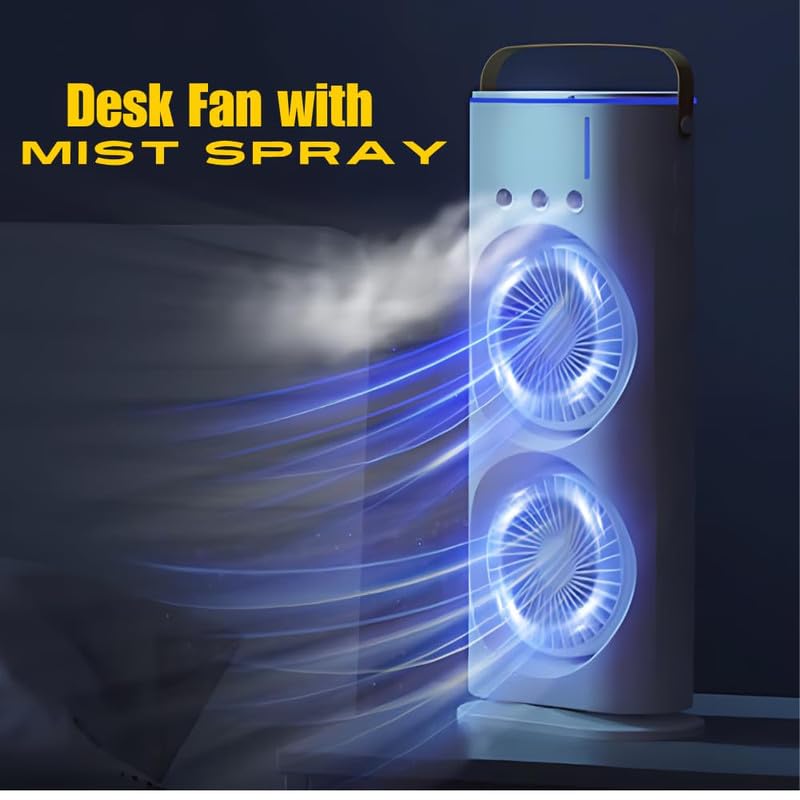 Image of Drumstone 𝟏𝟓-𝐘𝐚𝐫 𝐋𝐨𝐧𝐠-𝐋𝐢𝐟𝐞 𝐖𝐚𝐫𝐫𝐚𝐧𝐭𝐲 Double Head Mist Cooling Fan with Rechargeable Battery, USB Powered Personal Air Cooling Fan with Water Mist Spray & Remote Control.